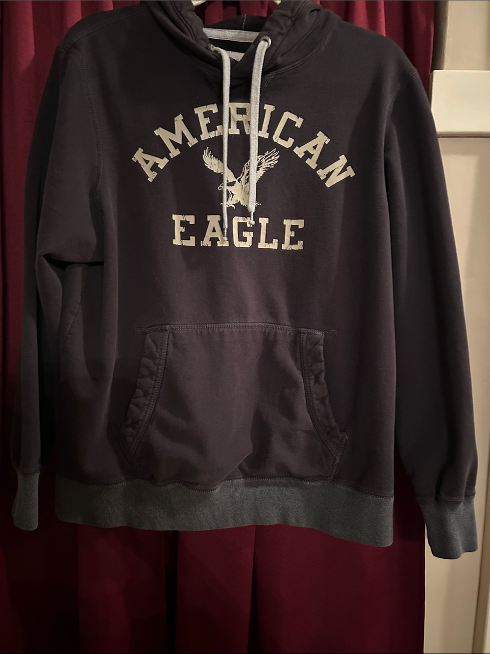 Vintage American Eagle Outfitters Men's Charcoal Crewneck Hoodie with White Logo